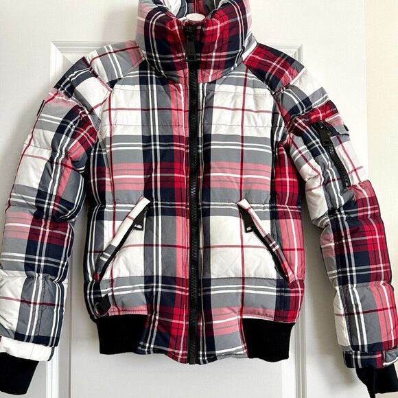 SAM Goose Down Short Puffer Jacket in Red Check Multi Size S - Picture 1 of 12
